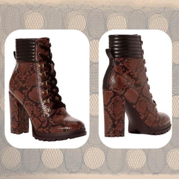 Just Fab • brown & black snakeskin print lace up 4” heel ankle boots - Picture 1 of 15